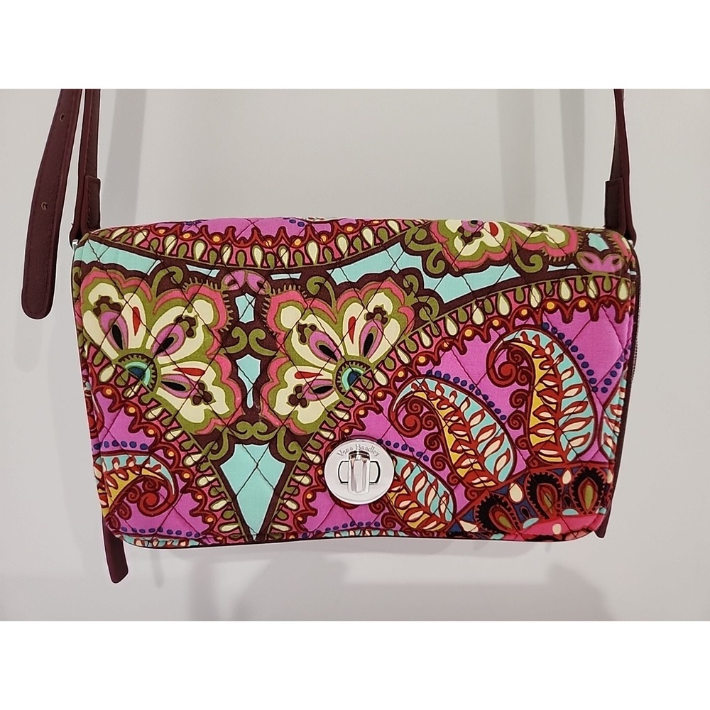 VERA BRADLEY Pink Paisley Purse Turnlock Crossbody Adjust Faux Leather Strap
